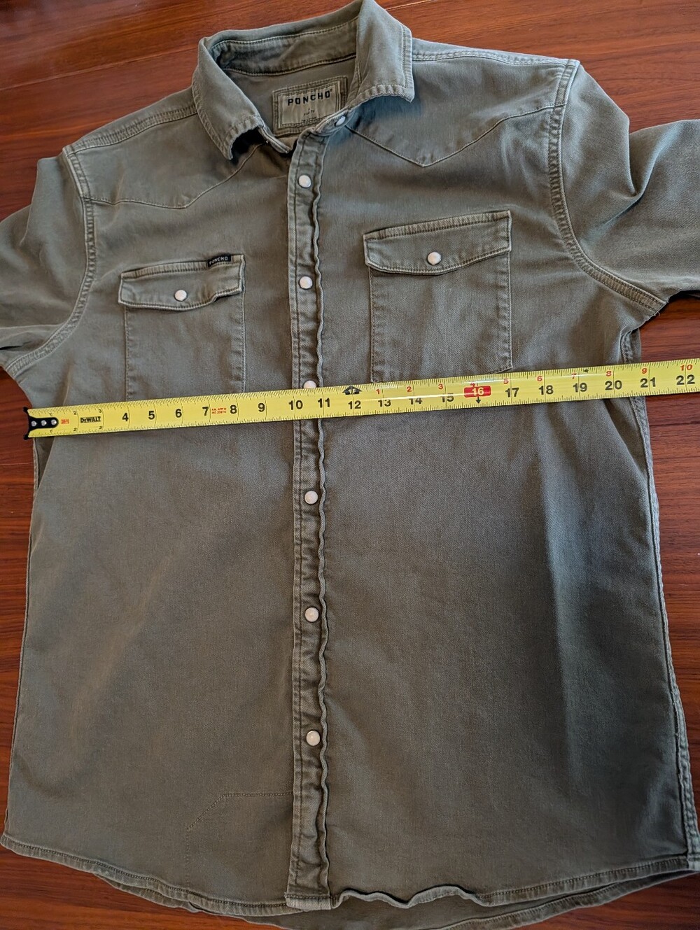 Poncho The Falfurrias Western Denim Pearl Snap Shirt Mens M Olive Green Slim Fit - Picture 5 of 7